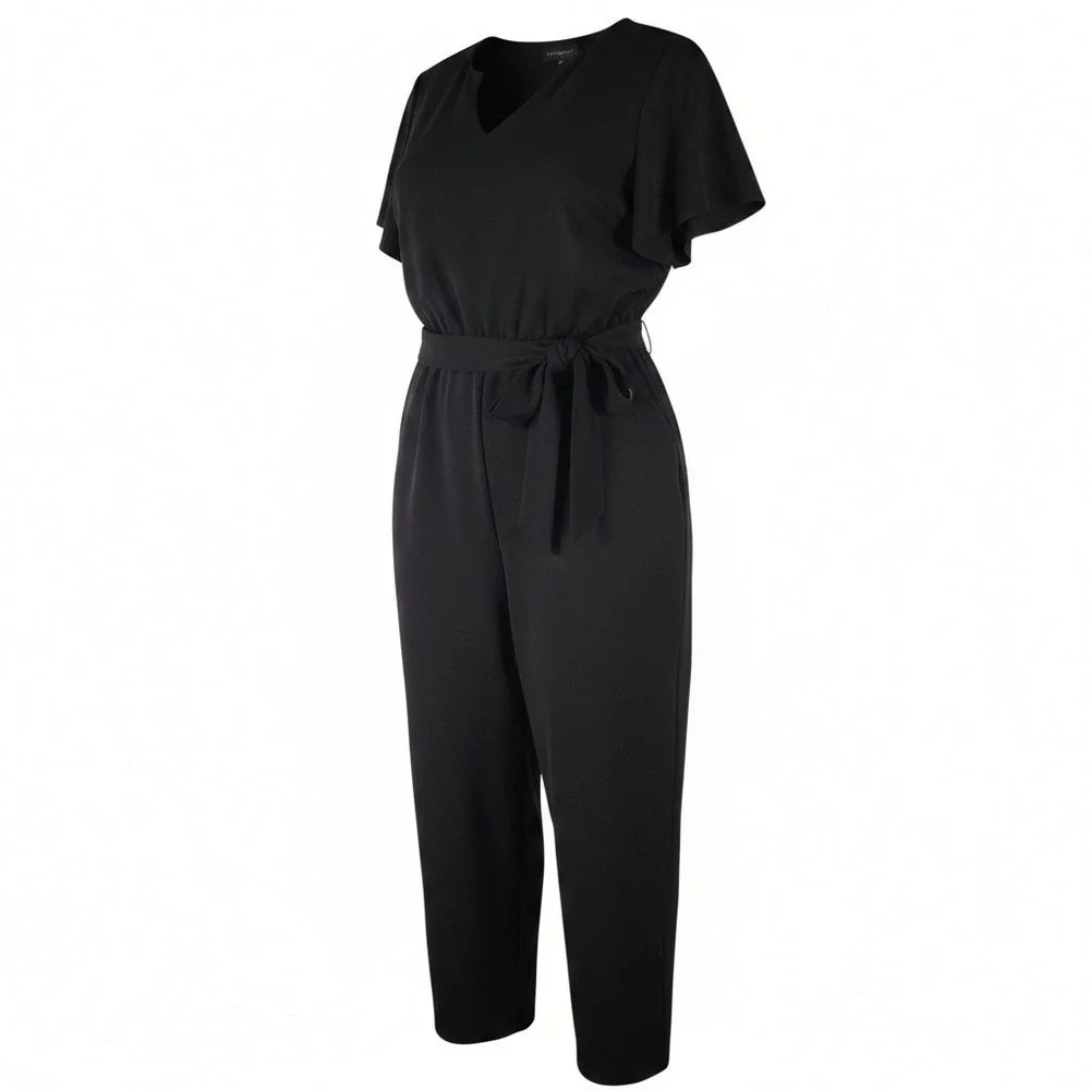 Lane Bryant Jumpsuit Women 22 Black Flutter Sleeve V-Neck Belted Cropped Chic